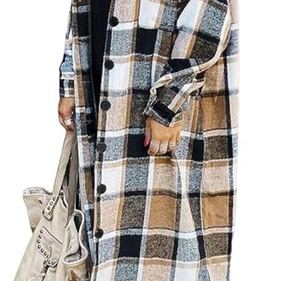 Long Plaid Shirts Shacket Jacket Button Down Long Sleeve Woolen Blend Shirts - Picture 4 of 5